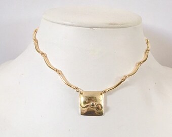 Gold plated brass stick link necklace with gold plated brass square charm with tiger's eye stone