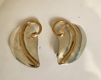 Sterling silver leaf clip earrings with brass wire accents