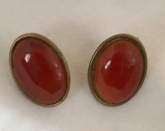 Brass oval stud earrings with carnelian (can be converted to clips upon request)