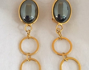 Gold plated brass dangle clip earrings with gold plated brass hoops and hematite stone (can be converted to studs upon request)