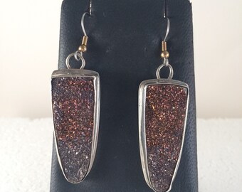 Sterling silver dangle earrings with red/brown druzy.