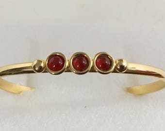 Gold plated brass cuff bracelet with carnelian stones