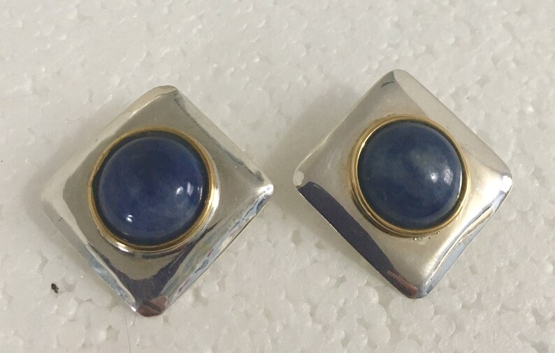 Sterling silver square stud earrings with brass accents and lapis stones image 1