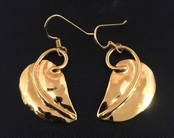 Gold plated brass leaf hook earrings