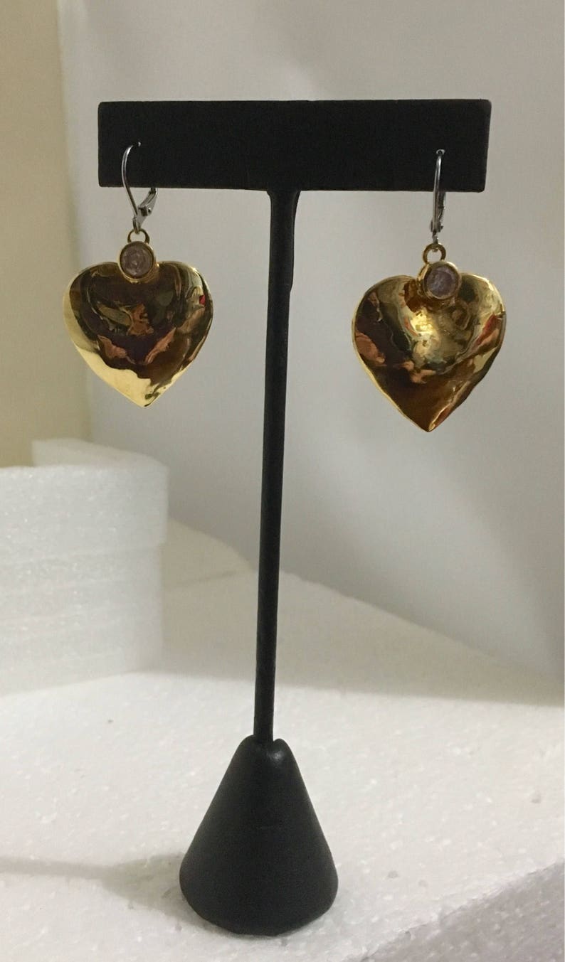 Gold plated brass heart lever back earrings with cubic zirconia image 1