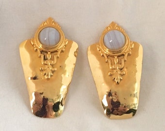 Gold plated brass rectangle clip earrings with blue lace agate (can be converted to studs upon request)
