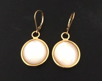 Gold plated brass circle lever back earrings with mother of pearl