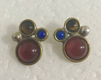 Sterling silver and brass stud earrings with lapis, tiger's eye, and carnelian stones