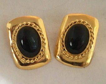 Gold plated brass rectangle stud earrings with braided accent and black onyx stone (can be converted to clips upon request)