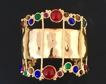 Gold plated brass crowned jewel cuff bracelet with gold plated brass wire accents and carnelian, amethyst, green onyx, lapis, & tiger's eye