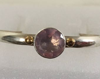 Sterling silver cuff bracelet with brass accents and amethyst