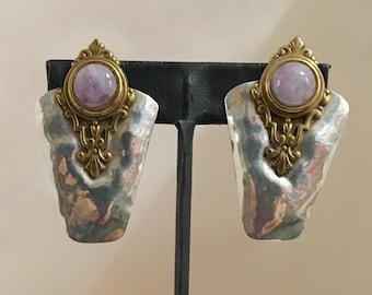 Sterling silver clip earrings with brass accents and amethyst stone