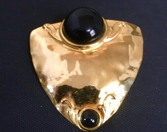 Gold plated brass triangle pendant/pin with black onyx stones