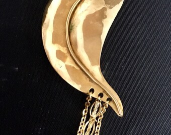 Large gold plated brass leaf pin with dangling gold plated brass chain