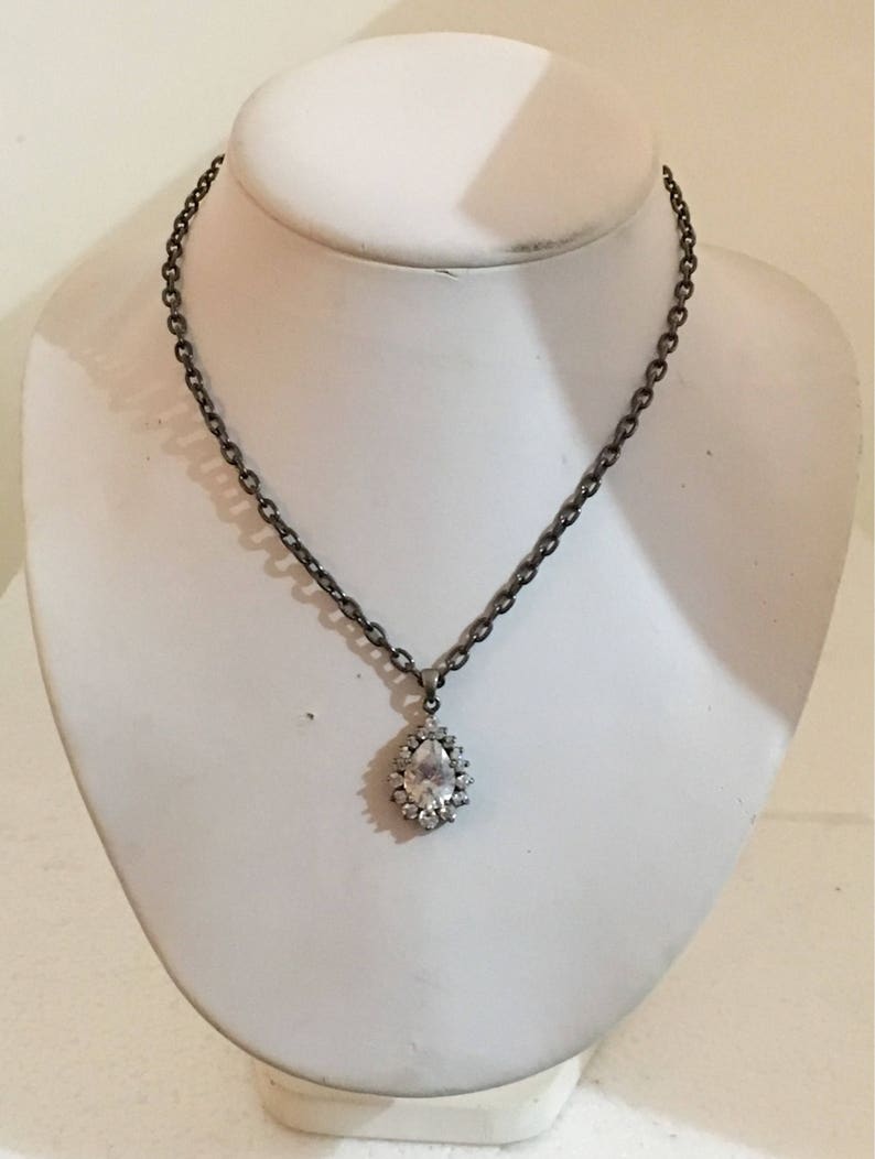 Sterling silver charm with cubic zirconia on black nickel chain image 1