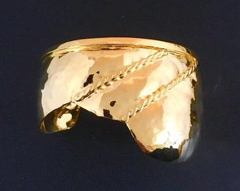 Gold plated brass wave cuff bracelet with gold plated brass braided wire accents