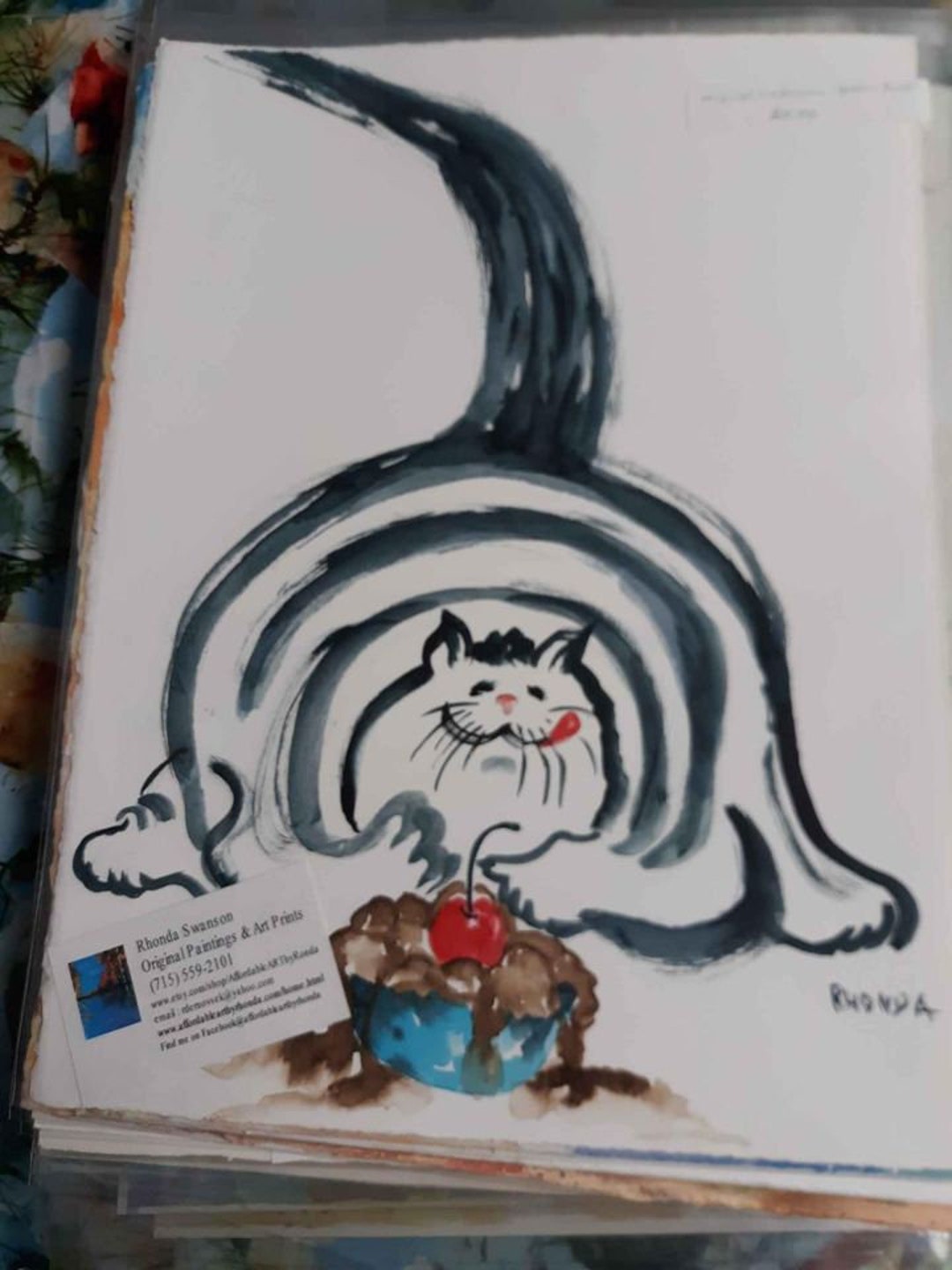 Dessert First Fat Cat Original Watercolor Painting Print - Etsy