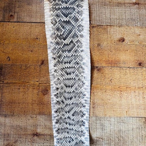 May include: A piece of snakeskin with a black and white diamond pattern. The snakeskin is laid on a wooden surface. The snakeskin has a natural, textured appearance, with variations in color and pattern.