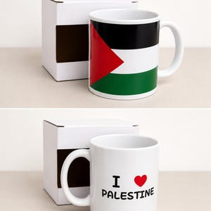 May include: White ceramic mug featuring the Palestinian flag design with black, white, red, and green colors. The mug is accompanied by a white gift box. The second mug has the text "I ❤️ Palestine" printed on it.