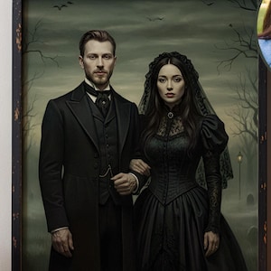 Puede incluir: Un retrato enmarcado de una pareja con vestimenta victoriana, con una foto más pequeña de una pareja moderna. La escena está decorada con calabazas talladas, una linterna negra y hojas de otoño, creando un tema de Halloween.