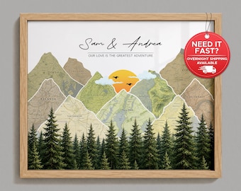 Personalized Travel Memory Map, Custom Mountain Map Wall Art