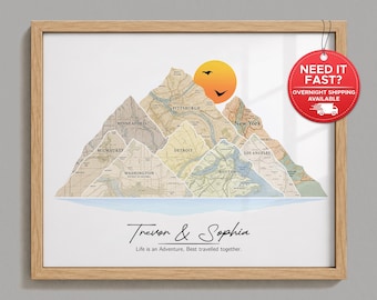 Personalized Mountain Map Art, Custom Travel Map Print for Couples