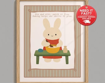 Kids Baking Poster, Bunny Baking Wall Art, Educational Cooking Print
