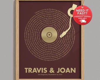 Personalized Vinyl Record Lyrics Wall Art, Gold Foil Wedding Song Print