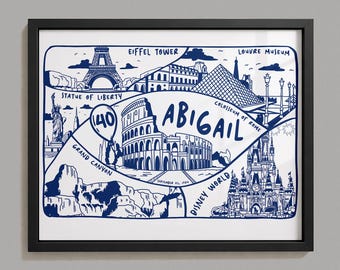 Personalized Travel Memory Art, Custom 10 Location Travel Print