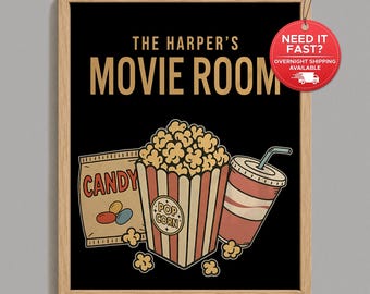Personalized Movie Room Sign, Retro Cinema Home Theater Wall Art