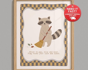 Kids Cleaning Poster, Raccoon Chore Chart, Educational Life Skills Wall Art