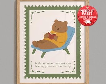 Kids Reading Poster, Bear Reading Wall Art, Educational Book Print