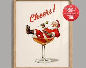 Santa Martini Wall Art, Retro Christmas Bar Cart Decor Print