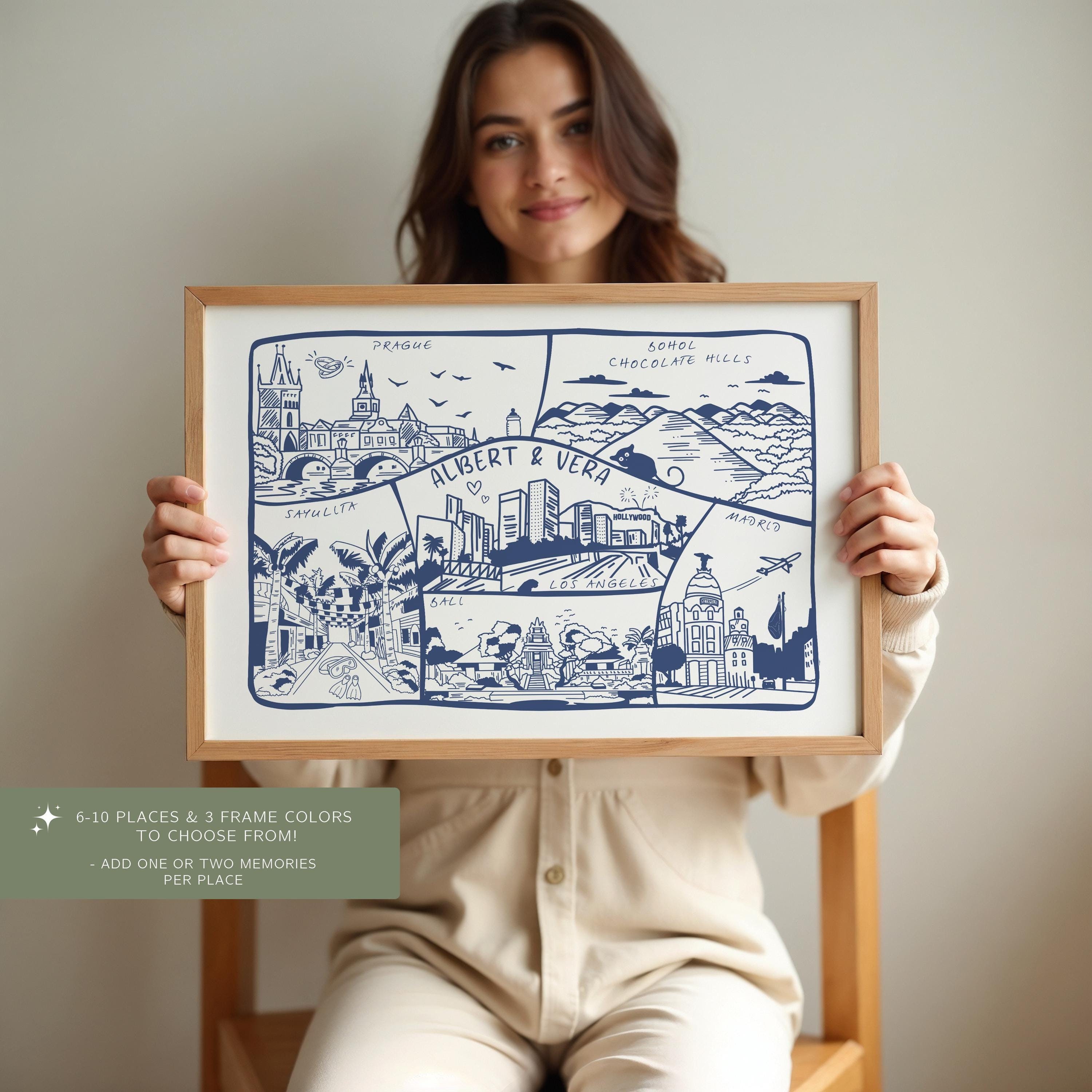 Custom Travel Memory Art for Couples – Personalised Paper Anniversary Gift, Print & Wall Art to Cherish Your Journey | Home Decor Travel Art