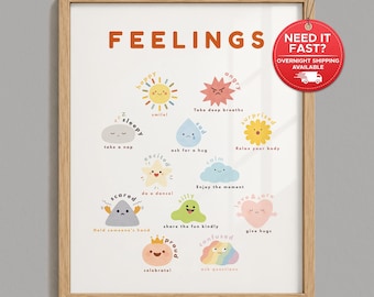 Kids Feelings Chart, 12 Emotions Poster, Social Emotional Learning Art
