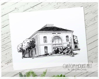 Custom Building Drawing, Black and White, Custom Venue Portrait, Wedding Gift, Personalized Wedding Venue Drawing, Church Building Portrait