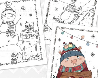 Winter Coloring Pages, Activities For Kids, Christmas Card, Holiday Color Page, Snowman, Penguin, Snowflake, Printable PDF, Instant Download