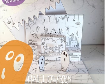 Halloween pop-up kaart + envelop sjabloon, kleurplaat, knutselen voor kinderen, geesten, open haard, griezelig, spinnen, grappige uitnodiging voor feest, DIY