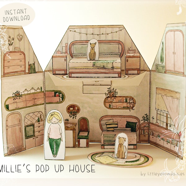 Maison de poupée imprimable, Pop Up Paper House, Portable, Pliable, DIY, Coloriage, Activités de fête, Kit de maison de poupée, 8.5x11inch, Téléchargement immédiat