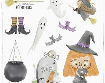 Halloween Clipart Set, Halloween Clip Art Watercolor, Witch Clipart, Pumpkin Clipart, Ghost Clipart, Halloween Party Clipart, Trick Or Treat