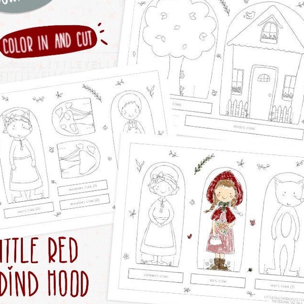 Fairy Tale Paper Doll Coloring Sheets Little Red Riding Hood, Printable Crafts For Kids, Instant Download, PDF