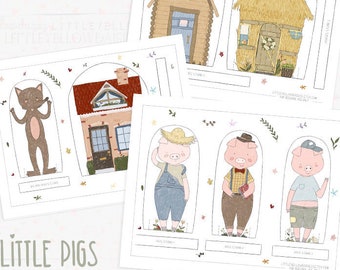 3 Little Pigs Paper Doll Set, Fairy Tale Story, Instant Download, PDF