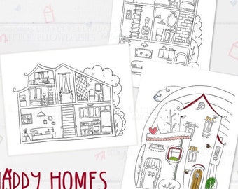 House Coloring Pages, Rooms, Happy Homes, Interior Colouring For Kids, Adults, Kitchen, Living Room, Bedroom, Rural, Townhouses, Printable