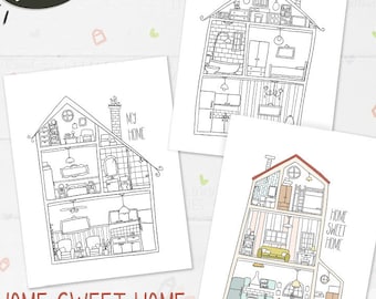 Home Sweet Home Coloring Pages, House Coloring Sheets, Activities For Kids, Classroom, Real Estate, Interior, Whimsical, Printable PDF