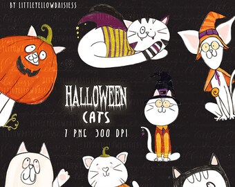 Halloween Cats Clip Art, Spooky Cat Clipart, Trick Or Treat, Pumpkin Cat, Halloween Digital Stickers, Printable Stickers, Instant Download