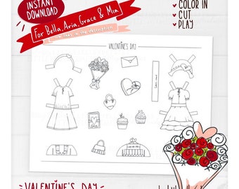 Valentines Paper Doll Set, Valentijnsdag, Papierspellen, Liefde, Harten Meisjes Aankleden Poppen, Instant Download, Afdrukbare PDF