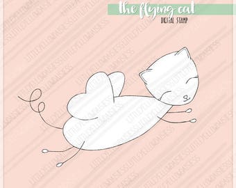 Cat Digital Stamp Flying Digi Clipart Kids Coloring Page Cute Image Color Me In Line Art Pets Clip Instant Download