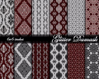 Glitter Damask Digital Paper-Silver,Black,Red Glitter-Damask Printable-Damask Digital Background Paper-Instant Download