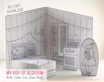 Afdrukbare pop-up slaapkamer, poppenhuiskamers, kleurknutselactiviteiten voor kinderen, 3D creatief spel, doe-het-zelf speelgoed, papier knutselen, Instant Download