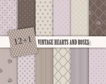 Roses Digital Paper,Vintage Hearts & Roses-Shabby Chic Digital Paper-Heart Digital Paper-Pink Purple Brown Beige-Scrapbook-Romantic Paper